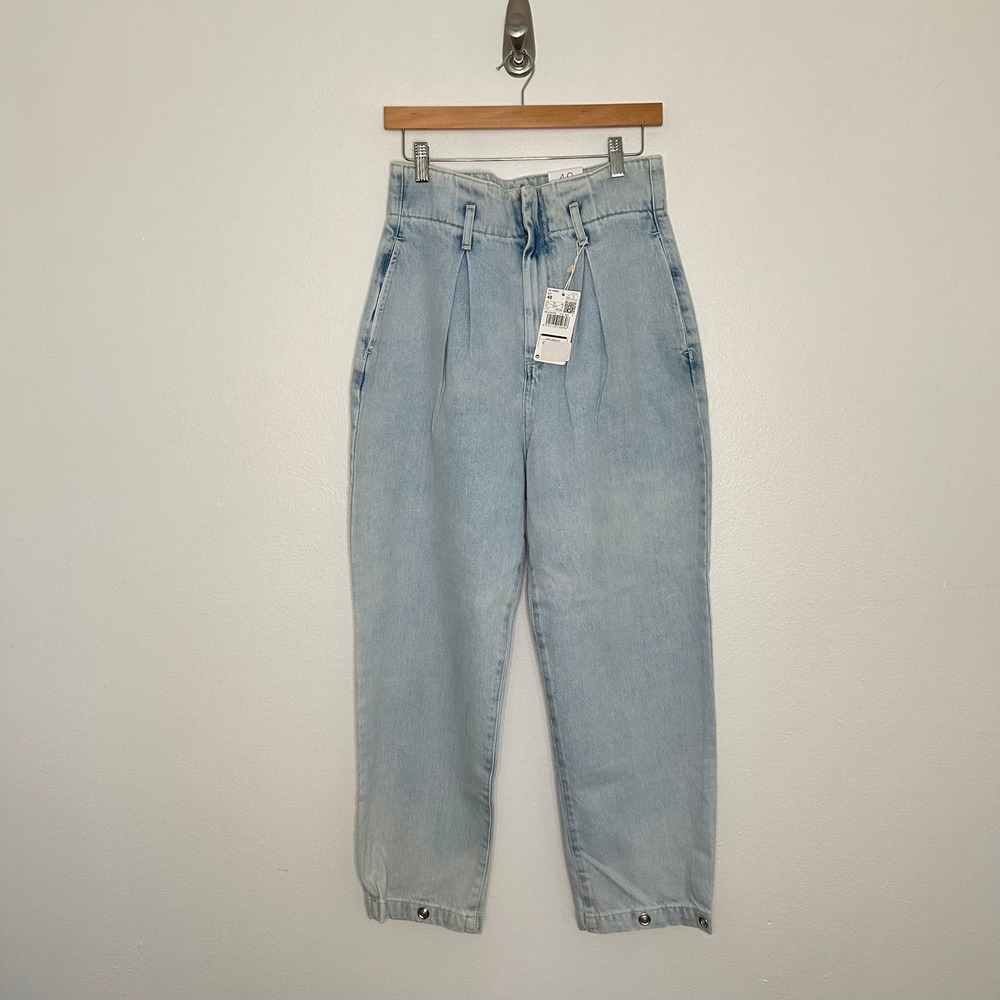 Mango MNG Denim Balloon Ankle Super High Waist Pleated Jeans Light Wash Sz 8